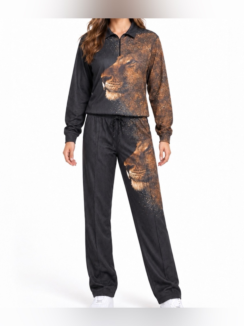 Lion Graphic Two Piece Tracksuit Black Brown Unisex Small